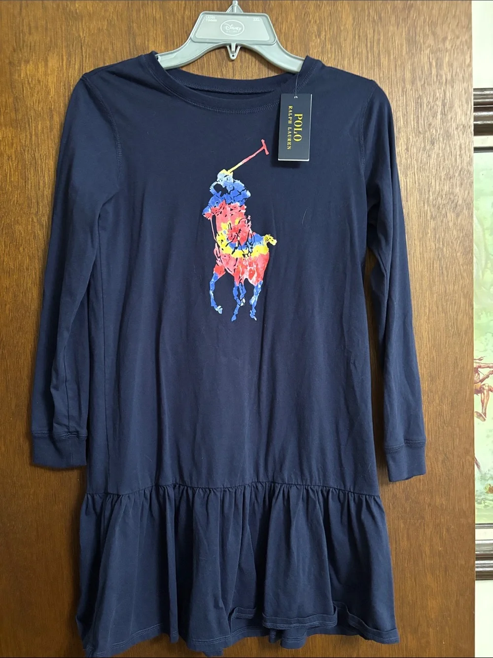 Ralph Lauren Navy Long-Sleeve Ruffle-Hem Dress with Multicolor Polo Logo